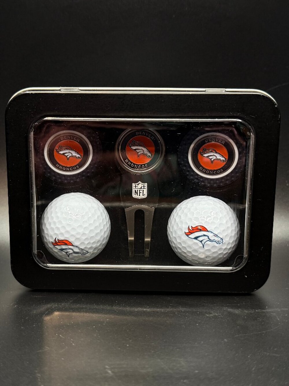 NEW Team Golf Denver Broncos Accessory Tin Golf Balls, Markers & Divot Tool